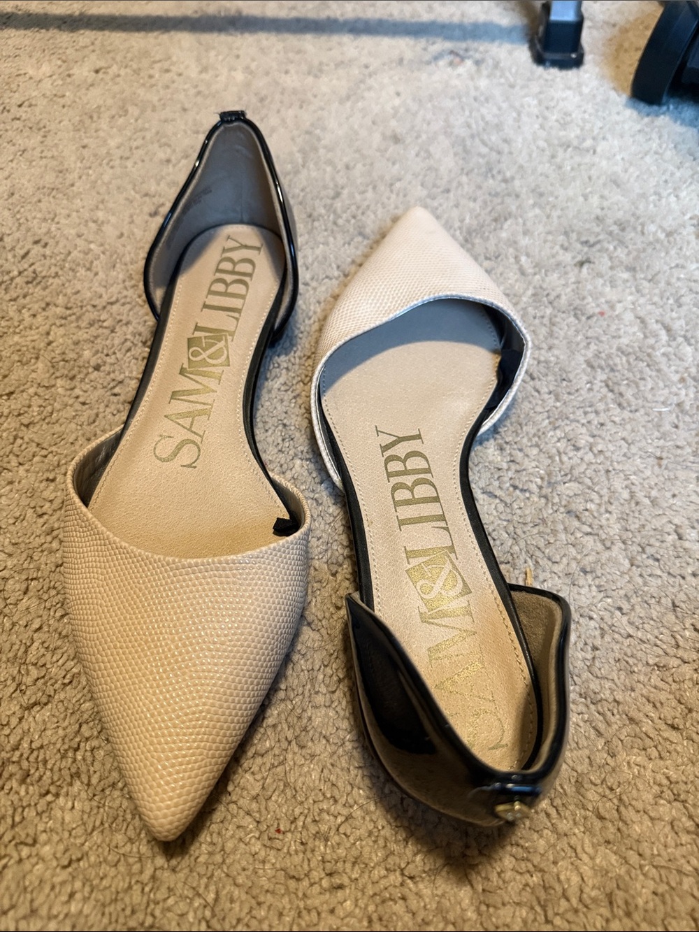Sam & Libby Two-Tone Pointed D'Orsay Flats in Beige and Black